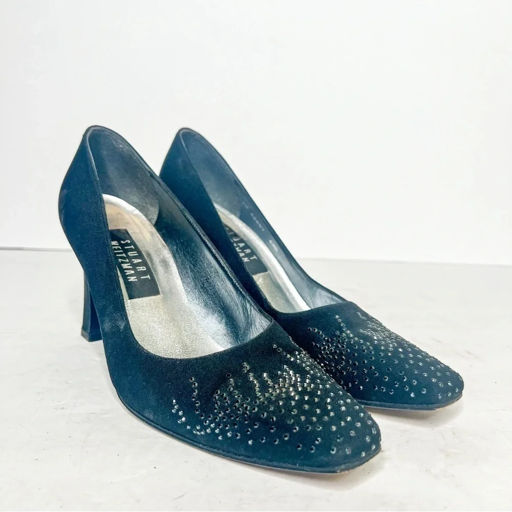 VTG Stuart Weitzman Black Fabric Rhinestone Heels Pumps Size 6.5 Women’s